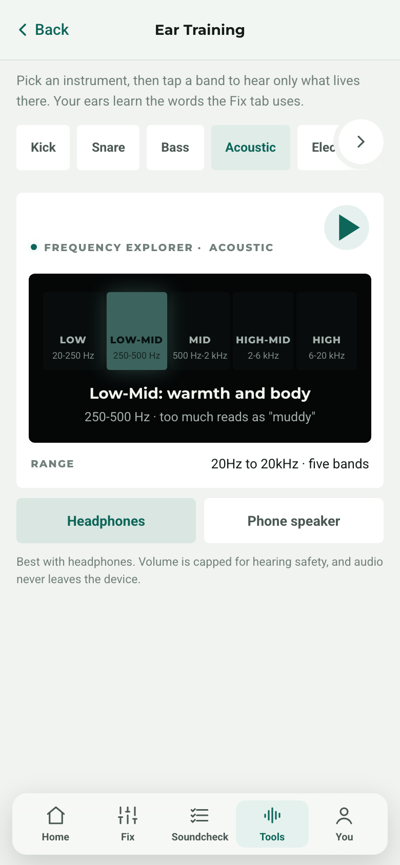 EQExpert Ear Training: the Low-Mid band soloed on acoustic guitar, 250-500 Hz, too much reads as muddy