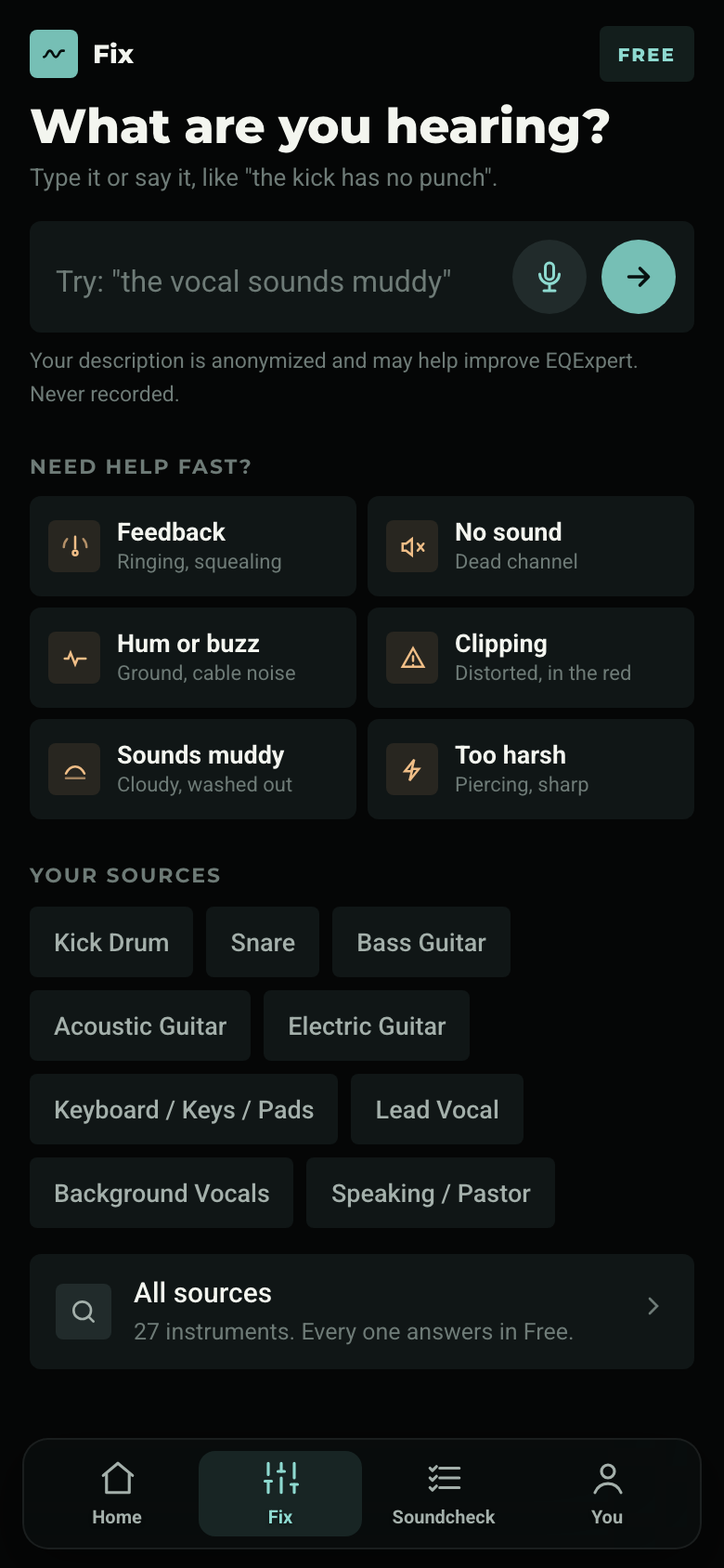 EQExpert Fix tab: describe what you are hearing, plus one-tap buttons for feedback, no sound, hum, and clipping
