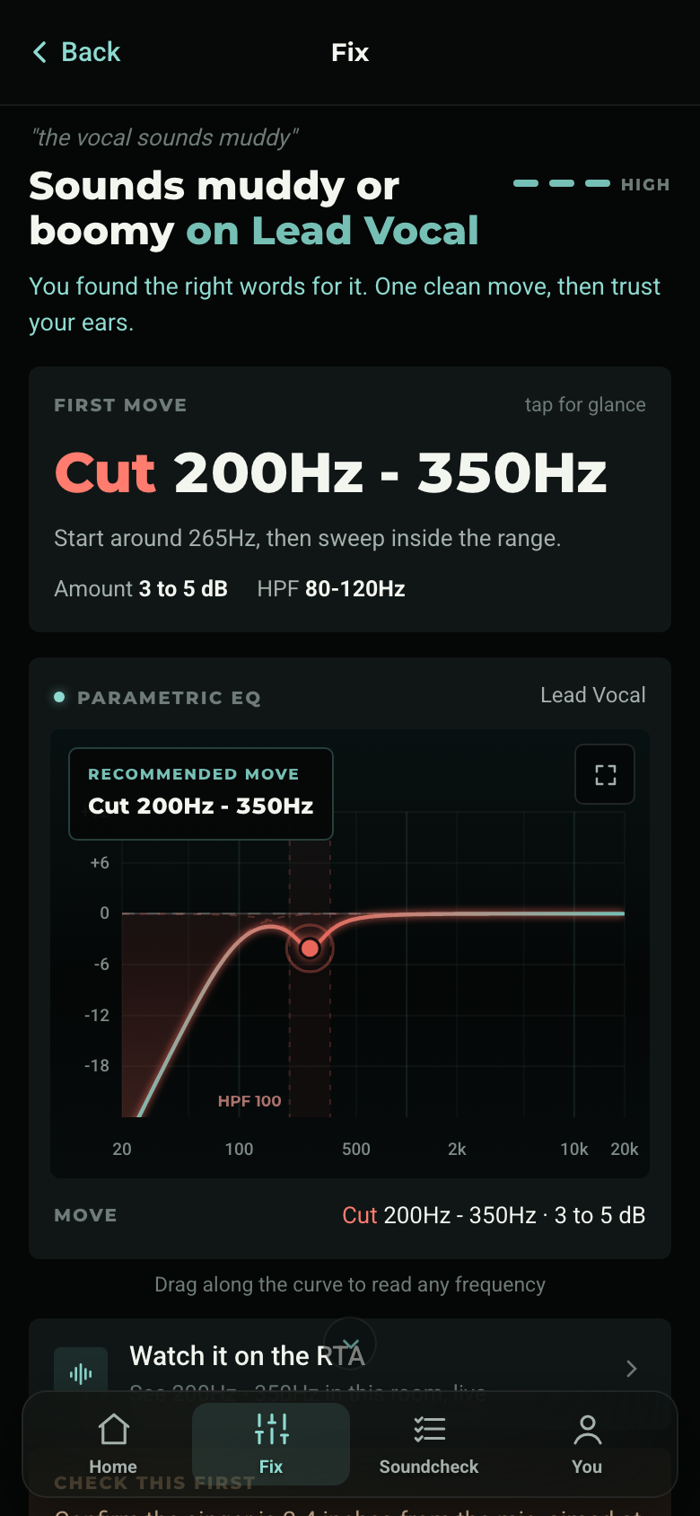 EQExpert answering 'the vocal sounds muddy' with a cut at 200 to 350Hz drawn on a parametric EQ curve