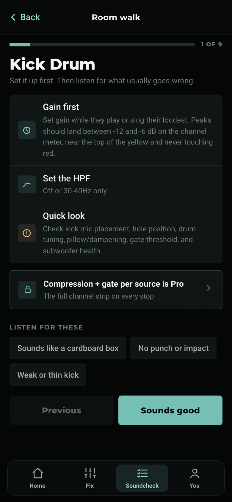 EQExpert Soundcheck Mode walking the kick drum channel: gain first, set the HPF, quick look